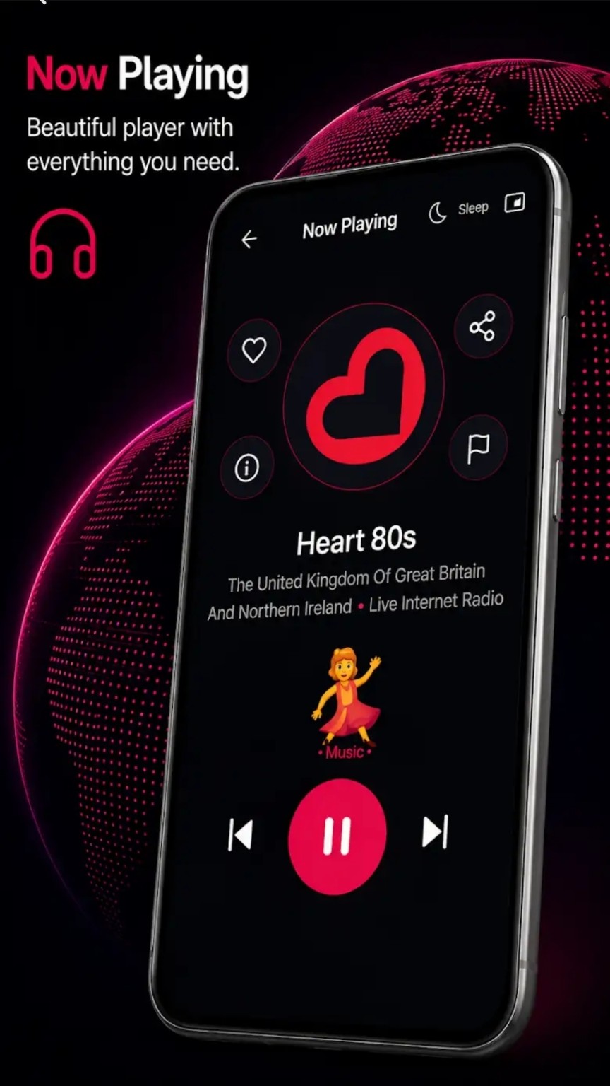 TuneAll Radio Now Playing screen showing Heart 80s, favourites, sharing, sleep timer and playback controls