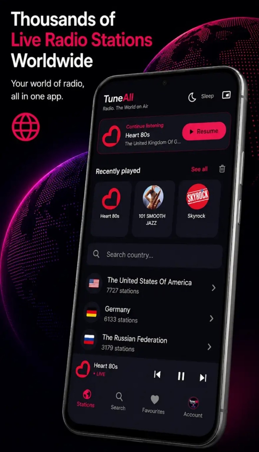 TuneAll Radio app home screen showing recently played stations, country search and worldwide live radio stations